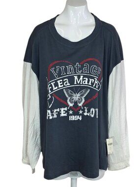 Pilcro Twofer Band Shirt, Long Sleeve, Layered, Graphic, Plus Size 1X